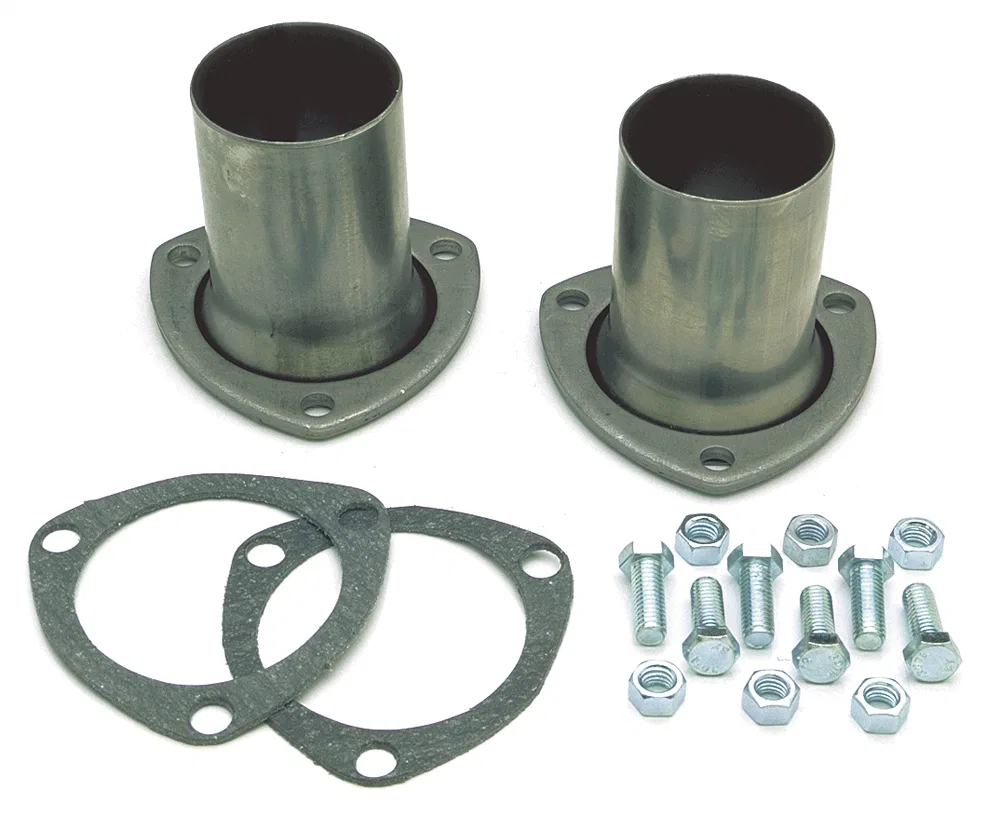 9374 – TRANSDAPT Exhaust Header Collector, 3 Inch Three Bolt Flange 2-1/2 Inch Exhaust Aluminized Steel Set Of 2
